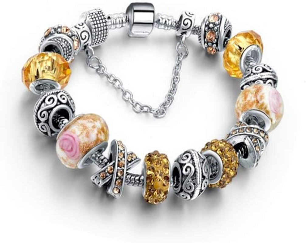Silver Tone Charm Bracelet with Crystal &amp; Murano Glass Beads – Elegant Snake Chain Bracelet for Women | Gift Box Included