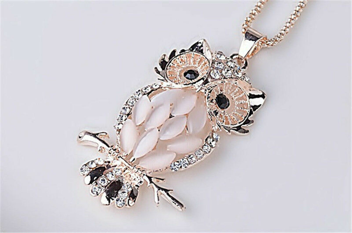 Fashion Sweater Chain Owl Necklace with Opal Stone Pendant – Trendy Sweater Chain Jewelry