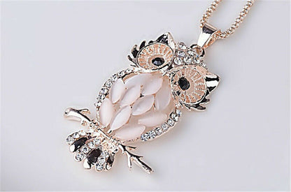 Fashion Sweater Chain Owl Necklace with Opal Stone Pendant – Trendy Sweater Chain Jewelry