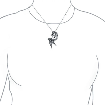 Nautical Sea Siren Mermaid Pendant Necklace – Oxidized Sterling Silver