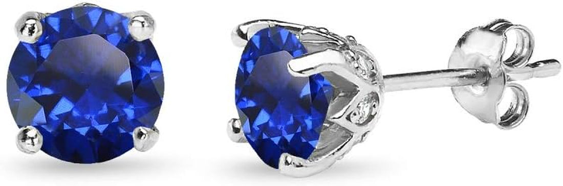 Sterling Silver 6mm Round-Cut Crown Stud Earrings for Women – Genuine or Synthetic Gemstones