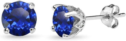 Sterling Silver 6mm Round-Cut Crown Stud Earrings for Women – Genuine or Synthetic Gemstones