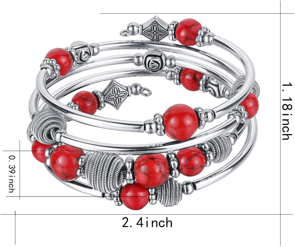 Beaded Chakra Turquoise Wrap Bracelet – Fashion Jewelry with Thick Silver &amp; Mala Beads, Gift for Women