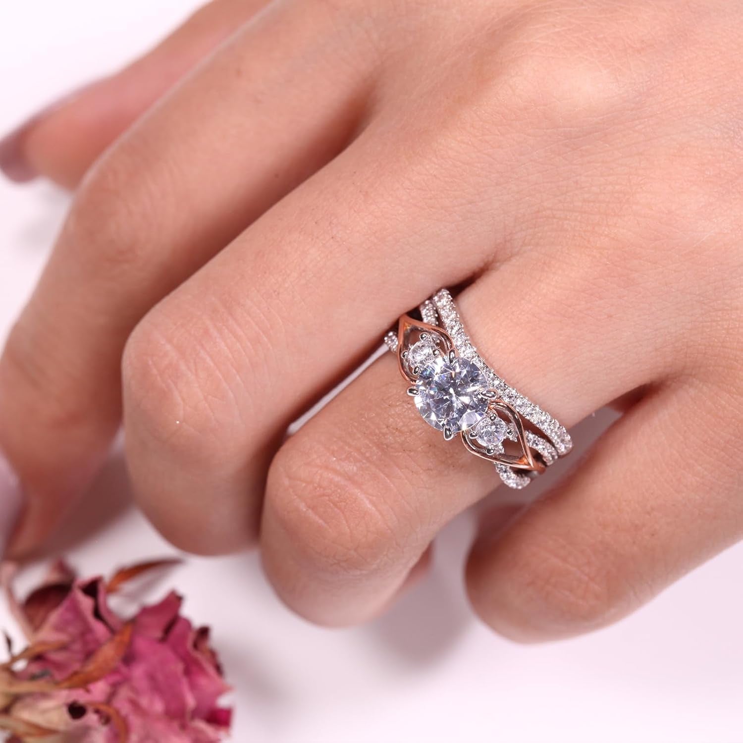 Two-Tone Rose Gold &amp; Sterling Silver Engagement Ring Set – Round Cut Three-Stone Halo Bridal, Promise &amp; Anniversary Rings for Women with Gift Box