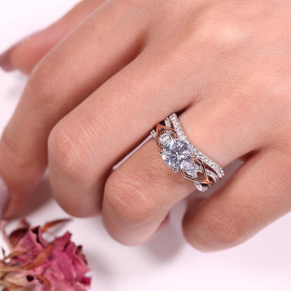 Two-Tone Rose Gold &amp; Sterling Silver Engagement Ring Set – Round Cut Three-Stone Halo Bridal, Promise &amp; Anniversary Rings for Women with Gift Box