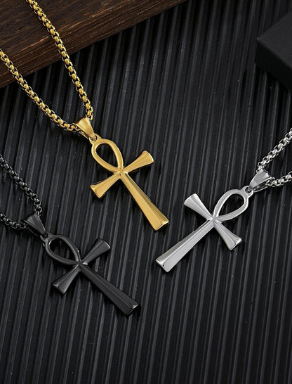 Men’s Cross Necklace – 316L Stainless Steel Jesus Ankh Pendant with Rolo Chain