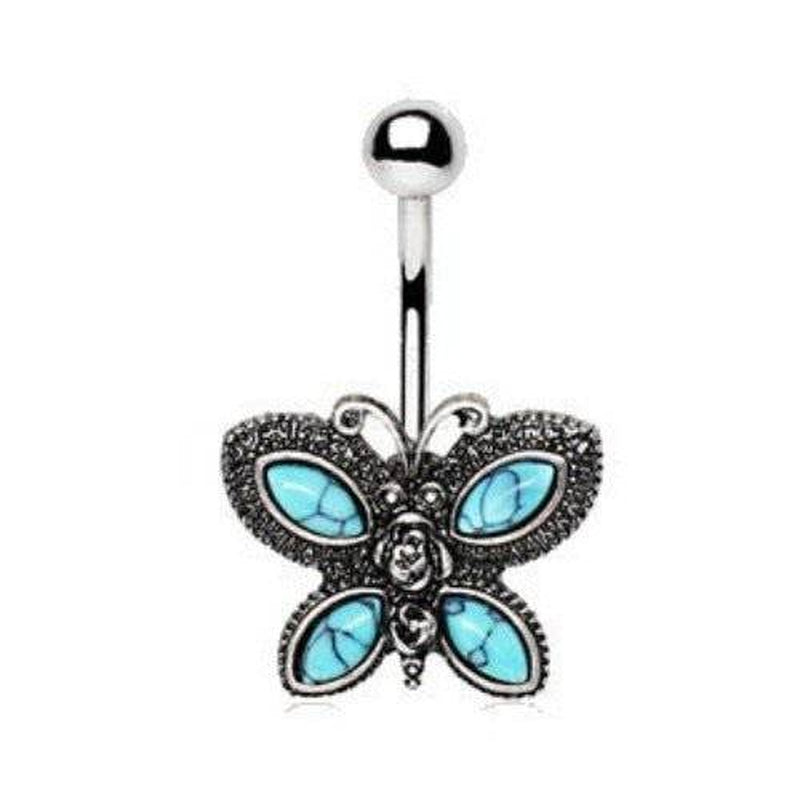 Butterfly Navel Ring – Turquoise Belly Button Jewelry, Antique Black Plated Stainless Steel