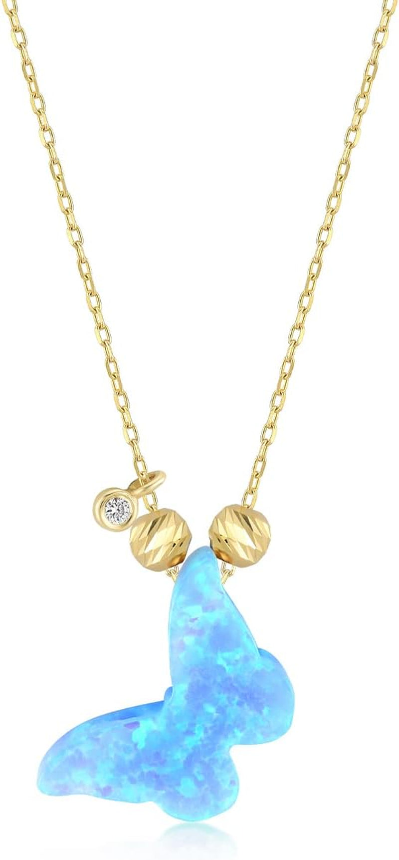 14K Gold Diamond Butterfly Opal Necklace – Elegant Jewelry for Women
