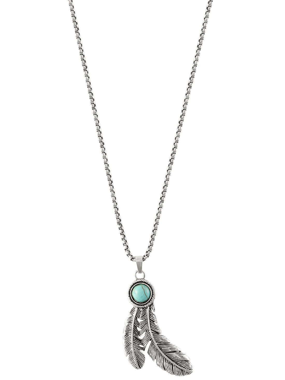 Faux Turquoise Feather Necklace – Silver Tone, 28&quot; + 3&quot; Adjustable Chain