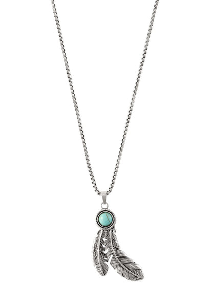 Faux Turquoise Feather Necklace – Silver Tone, 28&quot; + 3&quot; Adjustable Chain
