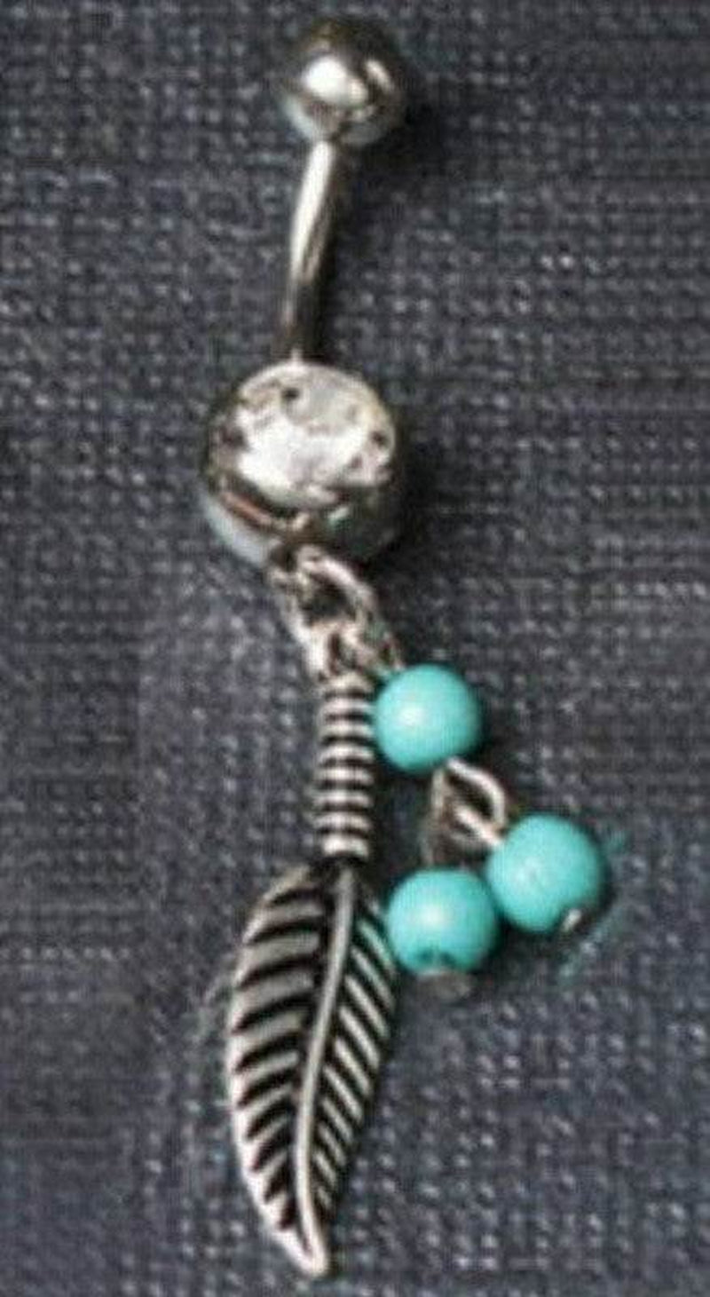 316L Surgical Steel Feather Navel Ring – Belly Button Jewelry with Turquoise Accent