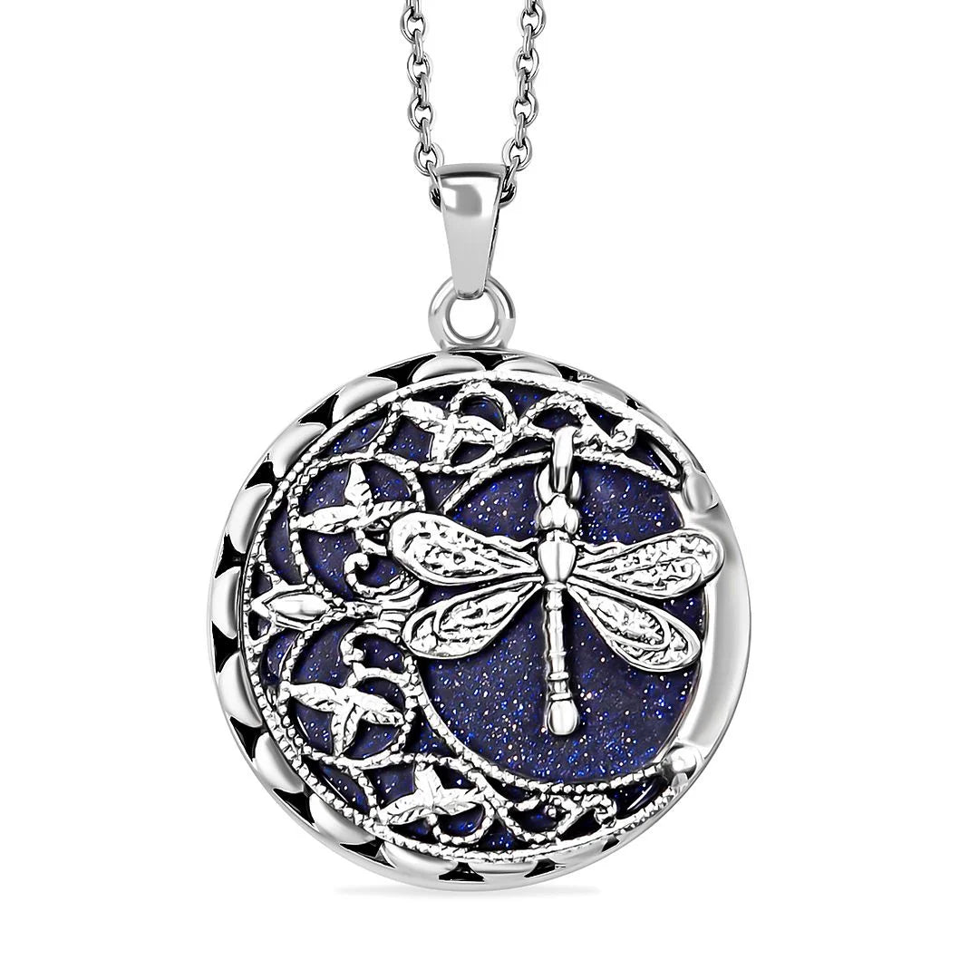 Blue Sandstone Dragonfly Pendant Necklace for Women – 20” Trendy Beachy Jewelry