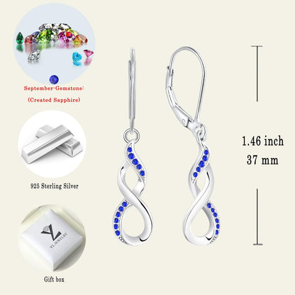 Infinity Dangle Drop Earrings – 925 Sterling Silver Leverback Birthstone Jewelry for Women