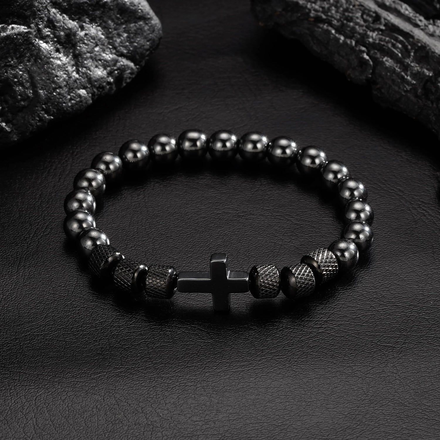 ✝️ Black Cross Bead Bracelet for Men – Obsidian Stone Christian Religious Jewelry Gift for Father, Husband, Son, or Grandpa