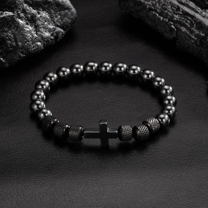 ✝️ Black Cross Bead Bracelet for Men – Obsidian Stone Christian Religious Jewelry Gift for Father, Husband, Son, or Grandpa