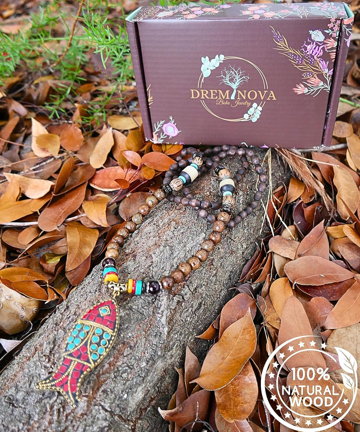 Bohemian Beaded Necklace for Women – Long Boho Pendant with Wooden Mala Beads &amp; Tassel