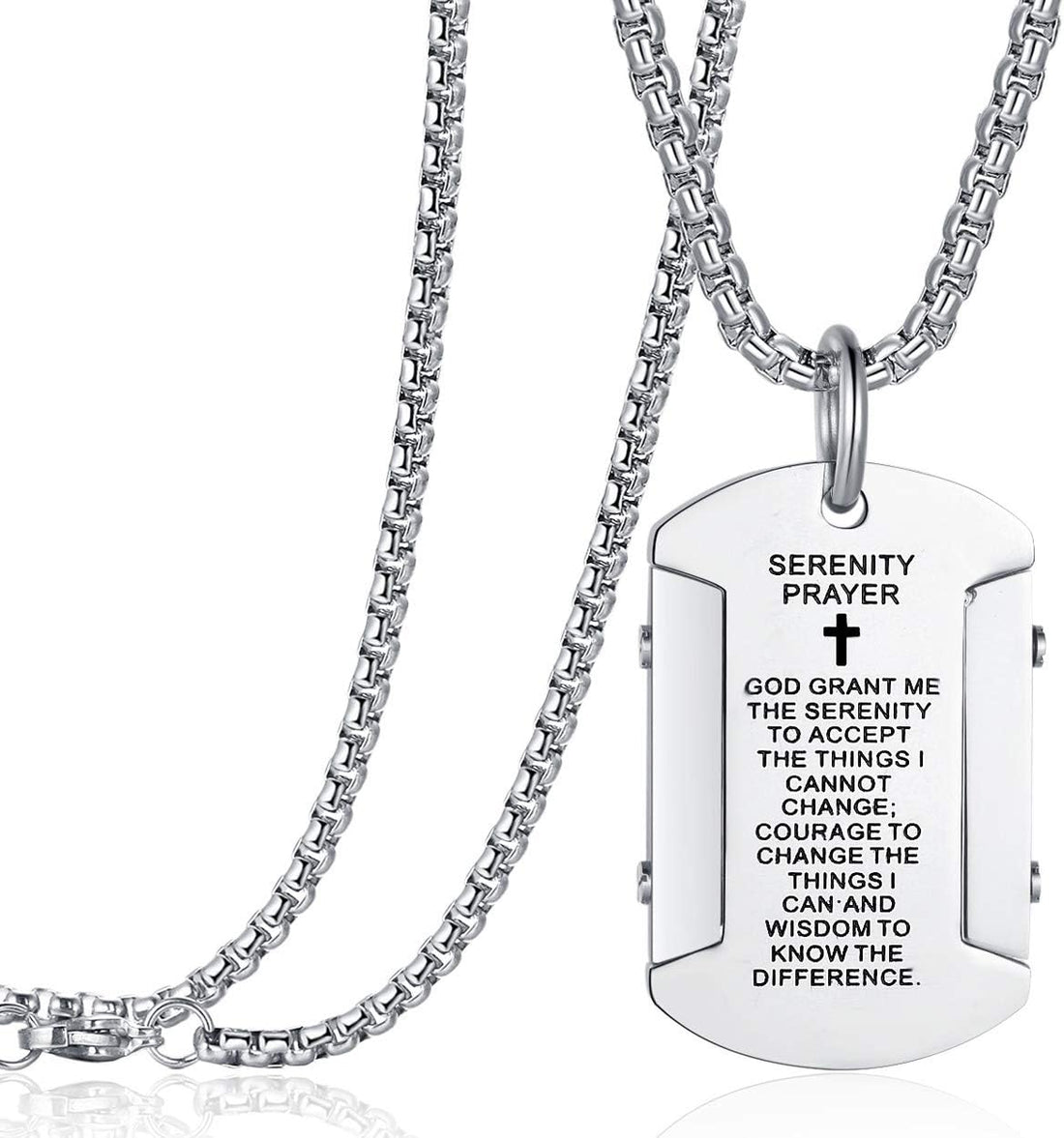 ✝️ Men’s Bible Verse Dog Tag Necklace – Serenity &amp; Lord’s Prayer Cross Pendant with 24&quot; Stainless Steel Chain for Men &amp; Women (Silver, Black, Gold)