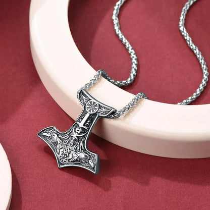 Thor’s Hammer Necklace for Men – Gold Plated Stainless Steel Mjolnir Pendant, Odin &amp; Raven Norse Viking Jewelry