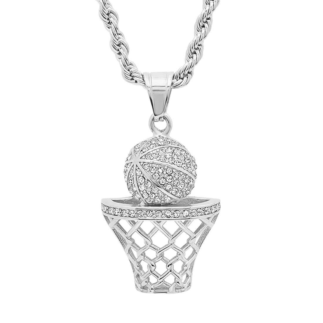 Men’s 18K Silver Plated Stainless Steel Basketball Hoop Pendant Necklace