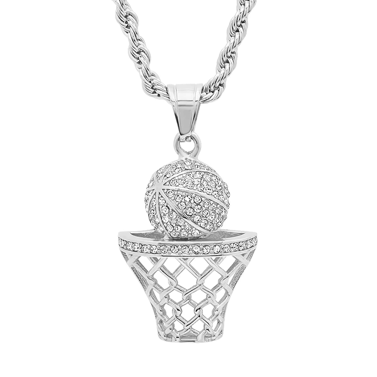 Men’s 18K Silver Plated Stainless Steel Basketball Hoop Pendant Necklace