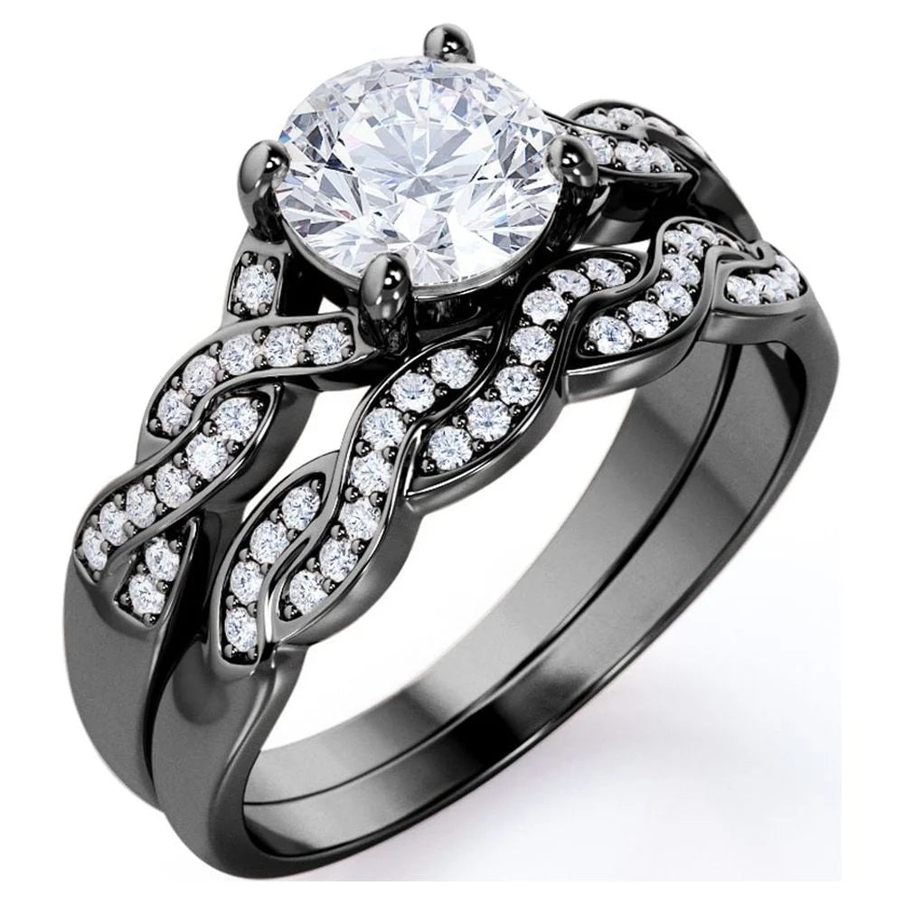 1.25 Carat Round Cut Moissanite Wedding Set – Infinity Bridal &amp; Promise Ring in 18K Black Gold Plating