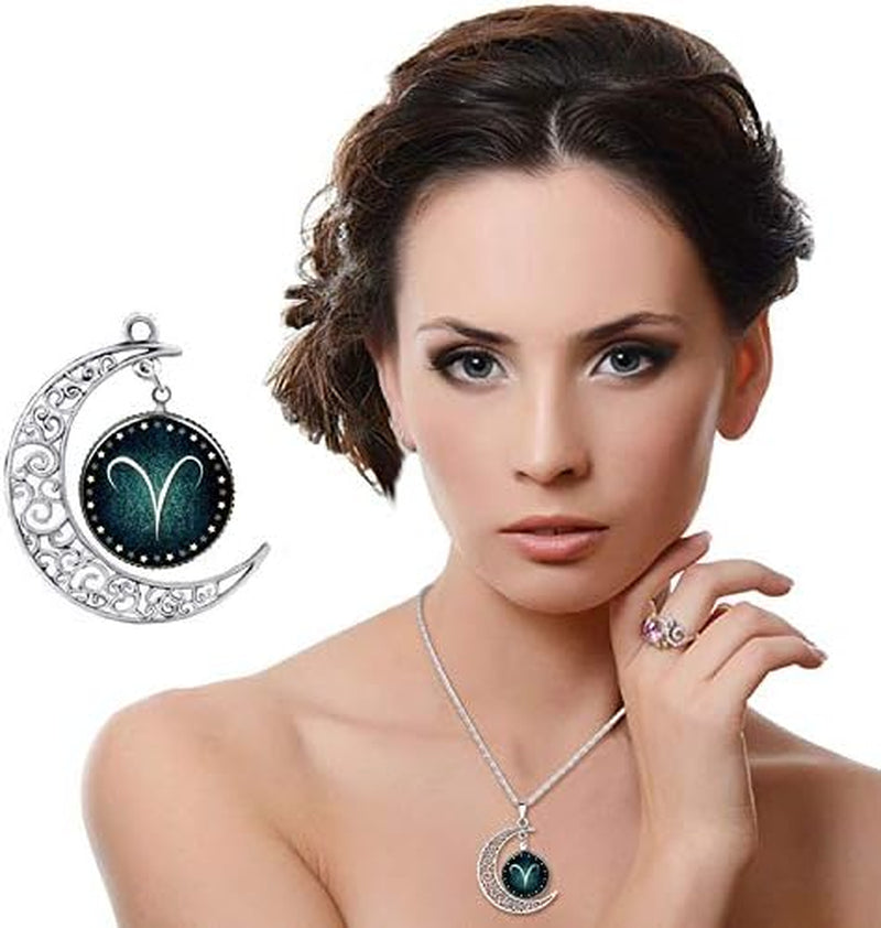Zodiac Constellation Crescent Necklace – Luminous Gemstone Pendant on Long Sweater Chain