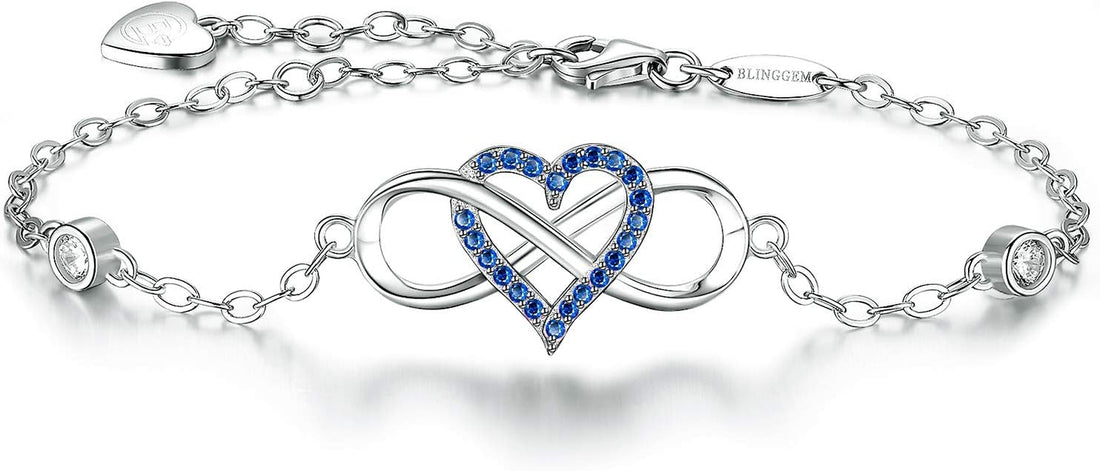 925 Sterling Silver “Something Blue” Gemstone &amp; Pink Cubic Zirconia Infinity Heart Charm Bracelet – Wedding Jewelry Gift for Women, Wife, Mom
