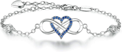 925 Sterling Silver “Something Blue” Gemstone &amp; Pink Cubic Zirconia Infinity Heart Charm Bracelet – Wedding Jewelry Gift for Women, Wife, Mom