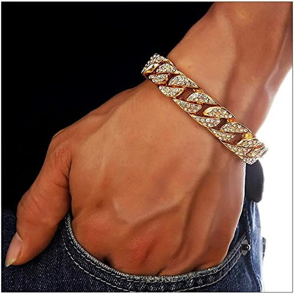 Blinged-Out Cuban Necklace with Matching Bracelet &amp; Fire Iced-Out Timepiece – Boujee 3-Piece Set 2023 (Gold/Gold, CNBW ST10226)