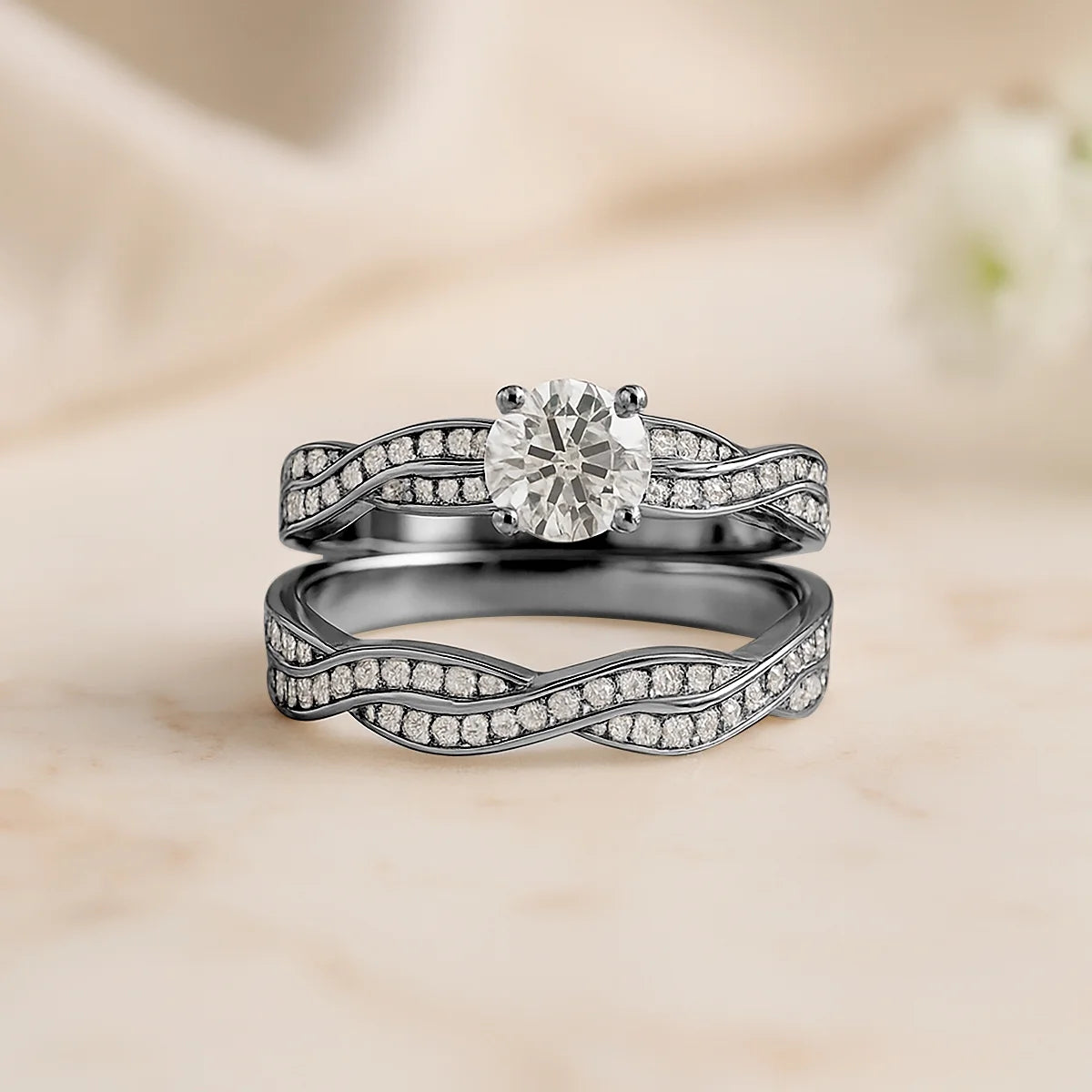 1.25 Carat Round Cut Moissanite Wedding Set – Infinity Bridal &amp; Promise Ring in 18K Black Gold Plating