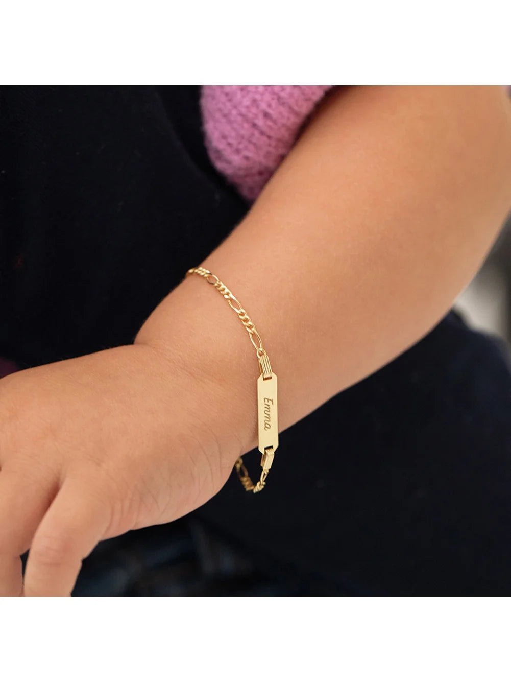 14K Yellow Gold Engravable Figaro Chain ID Bracelet for Baby Girls &amp; Boys – Safe for Sensitive Skin, 5.5&quot; Length, Gift Box Included