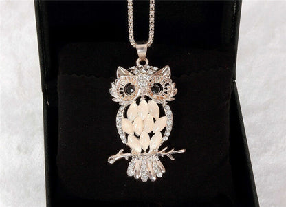Fashion Sweater Chain Owl Necklace with Opal Stone Pendant – Trendy Sweater Chain Jewelry