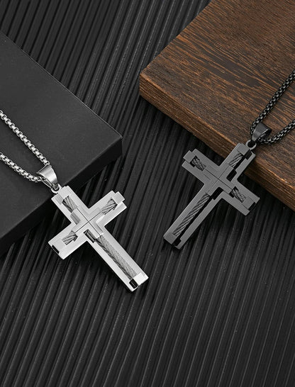 Men’s 316L Stainless Steel Cross Necklace – Jesus Christ Pendant with Rolo Chain, 20–28 Inch