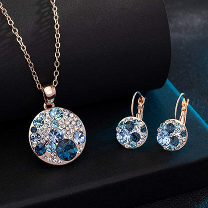 Austrian Crystal Round Disc Pendant Necklace &amp; Earrings Set – 14K Gold Plated, Hypoallergenic Jewelry for Women