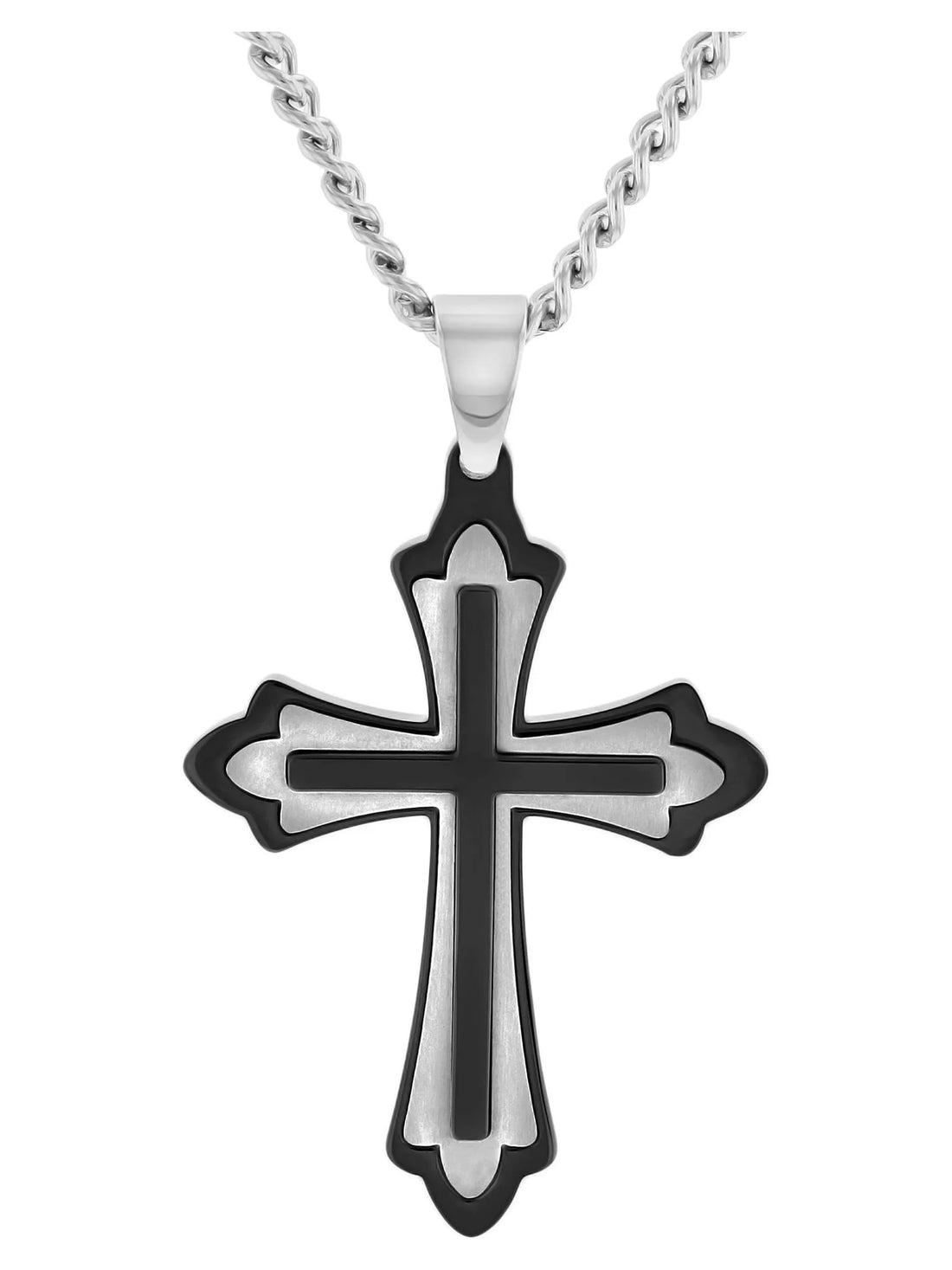 Men’s Stainless Steel Fleur De Lis Cross Pendant Necklace – Two-Tone Gold &amp; Silver Christian Chain Jewelry