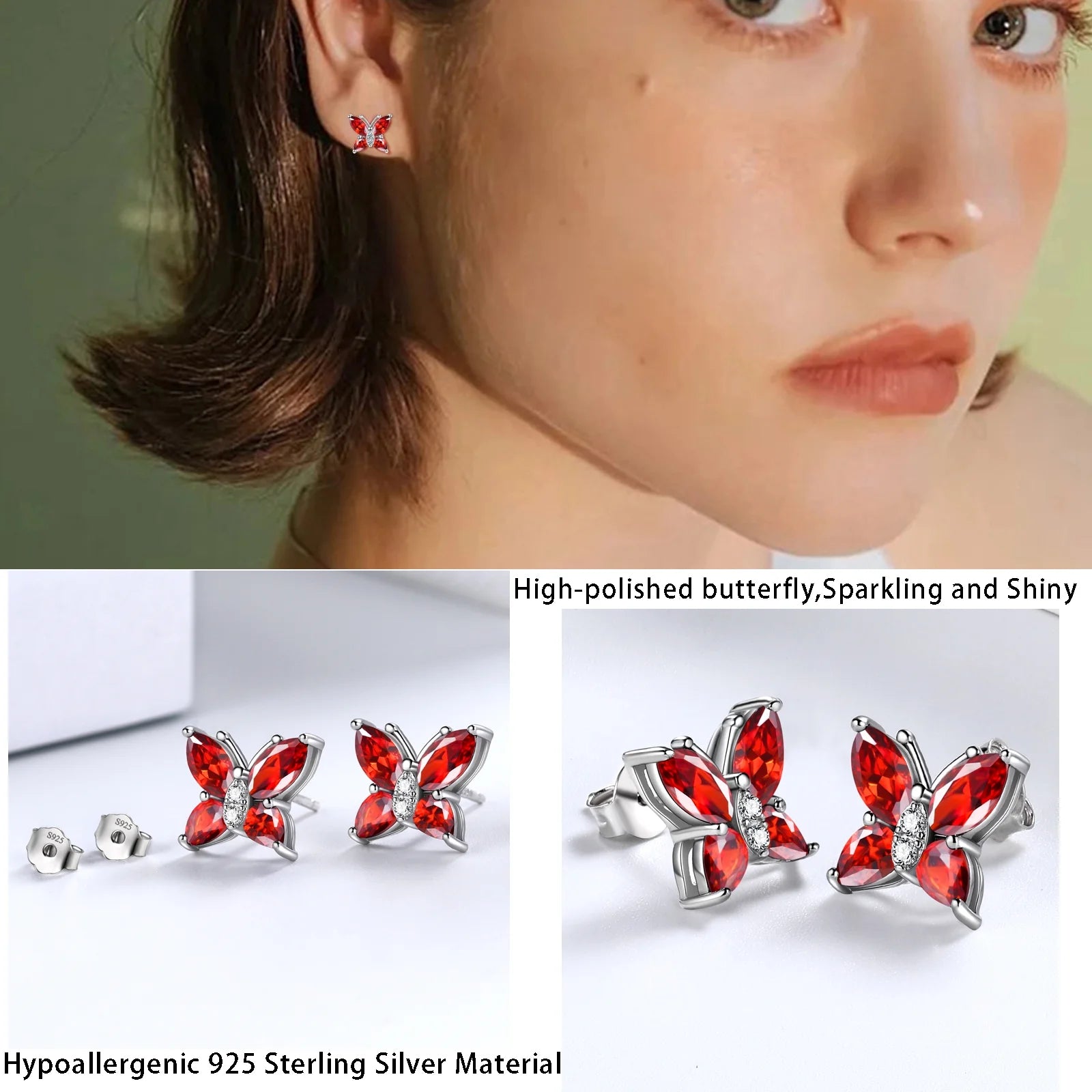 January Birthstone Jewelry Set – Red Butterfly Garnet Necklace, Earrings, Ring &amp; Bracelet in Sterling Silver for Women