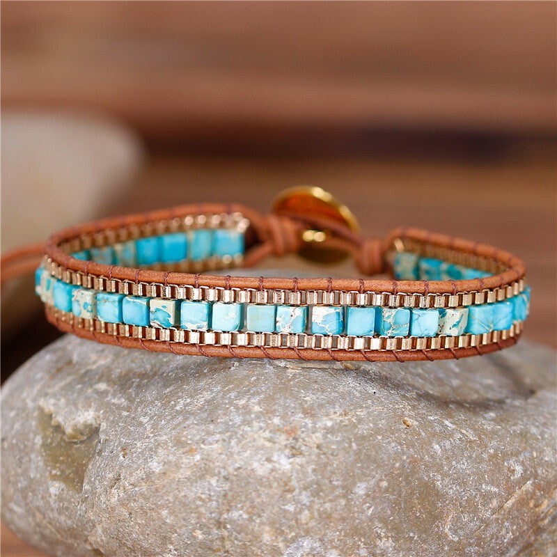 Natural Turquoise Stone Cube Beaded Bracelet Blue Gemstone Braided Bracelet
