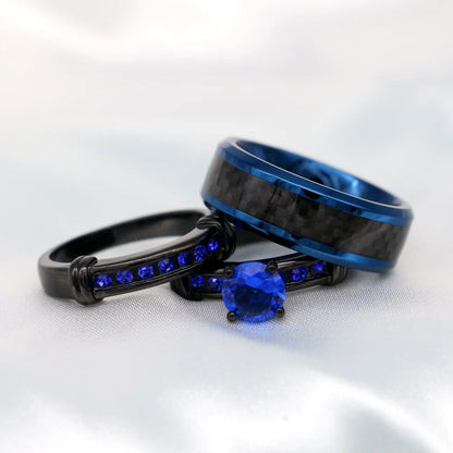 Matching Couple Rings – Black Gold Plated 1CT Blue CZ Wedding Ring Set with Male Ring