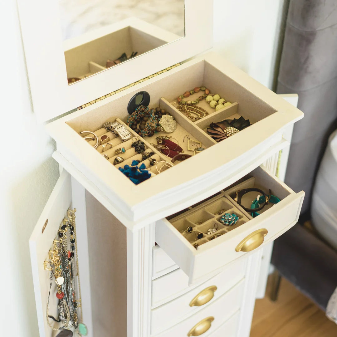 Hillary Jewelry Armoire – Elegant Standing Storage with Mirror, Drawers &amp; Necklace Hooks