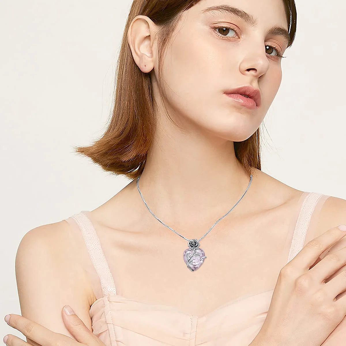 S925 Sterling Silver October Birthstone Necklace – Pink Tourmaline Blooming Rose Heart Pendant Gift for Women