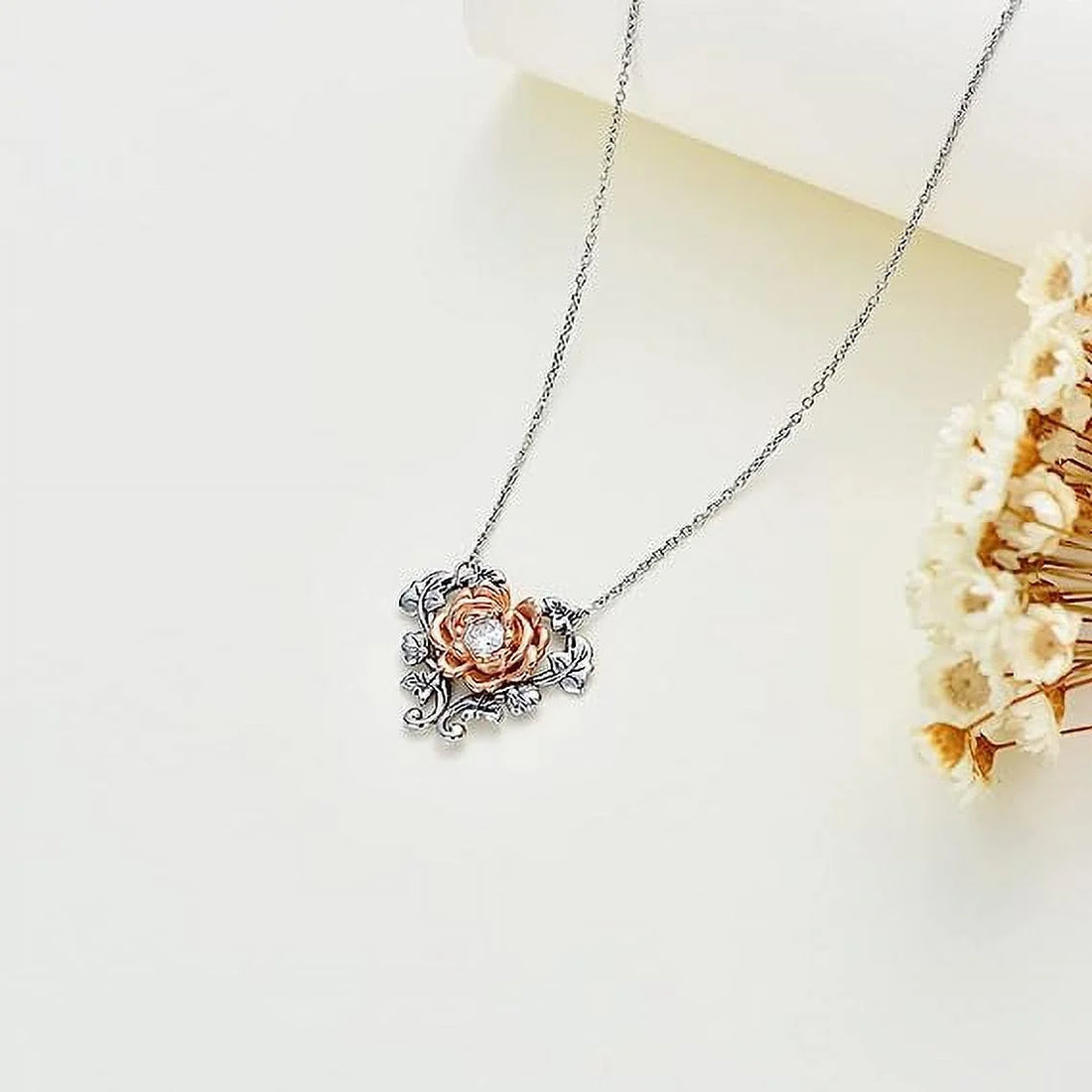 925 Sterling Silver Rose Flower Heart Pendant Necklace – Elegant Jewelry for Women