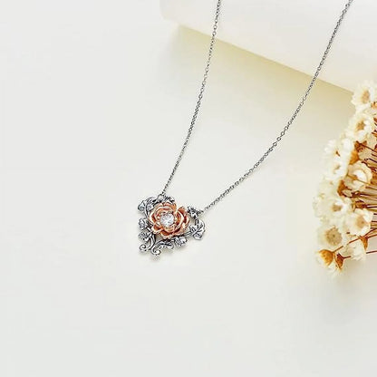 925 Sterling Silver Rose Flower Heart Pendant Necklace – Elegant Jewelry for Women