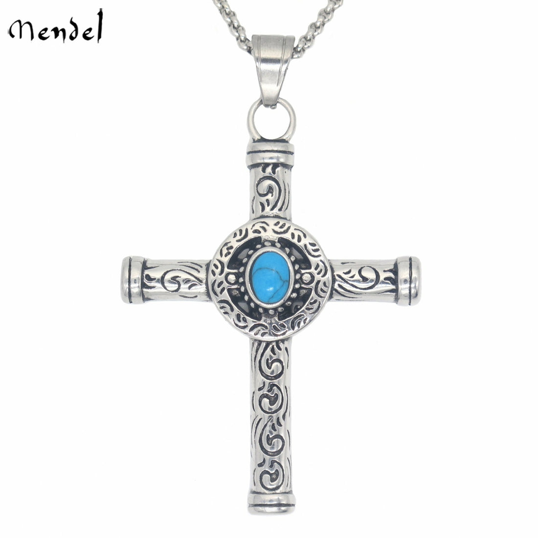 MENDEL Men’s Celtic Norse Turquoise Cross Necklace – Stainless Steel Gothic Pendant