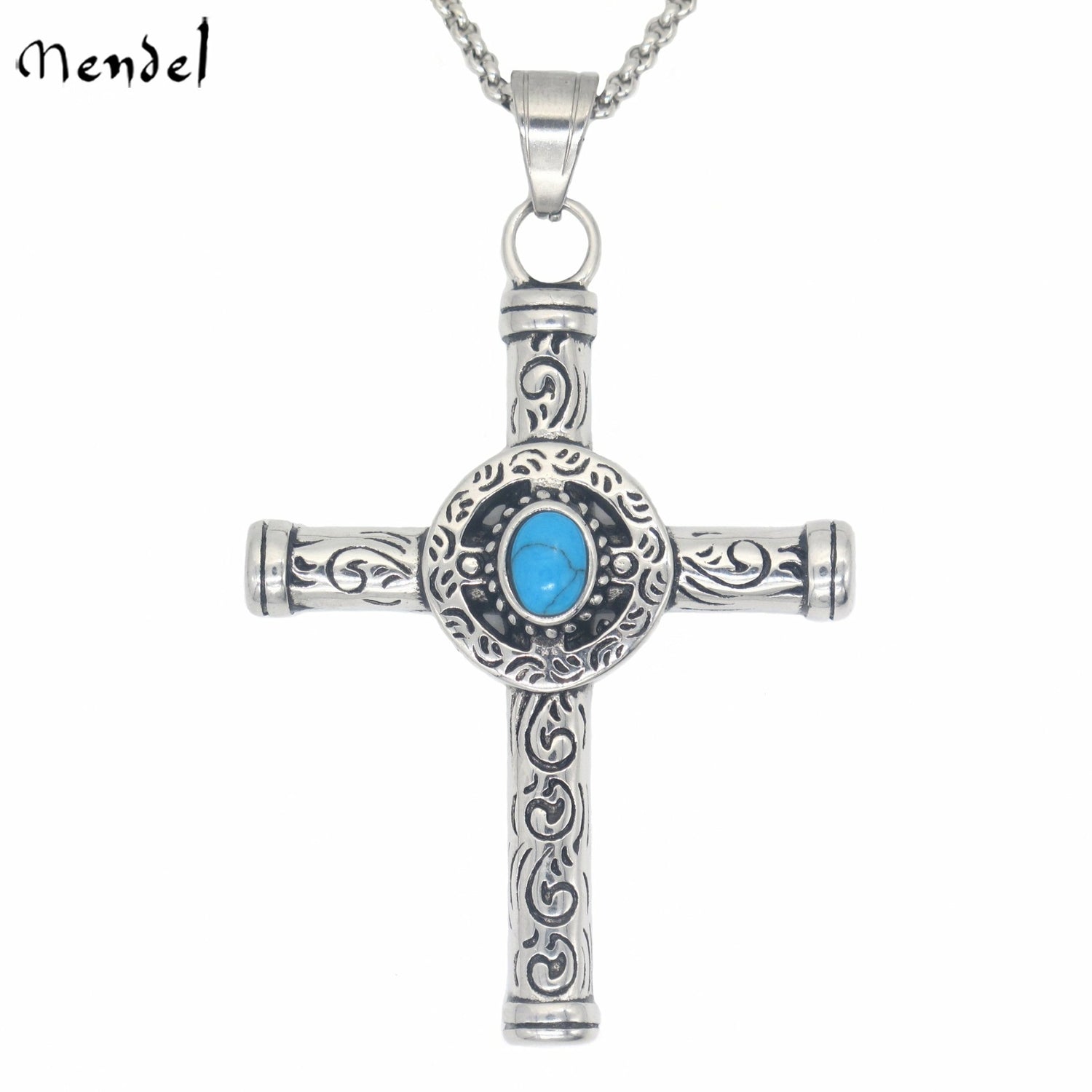MENDEL Men’s Celtic Norse Turquoise Cross Necklace – Stainless Steel Gothic Pendant