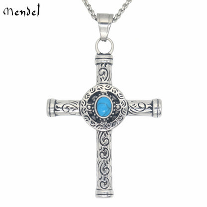 MENDEL Men’s Celtic Norse Turquoise Cross Necklace – Stainless Steel Gothic Pendant