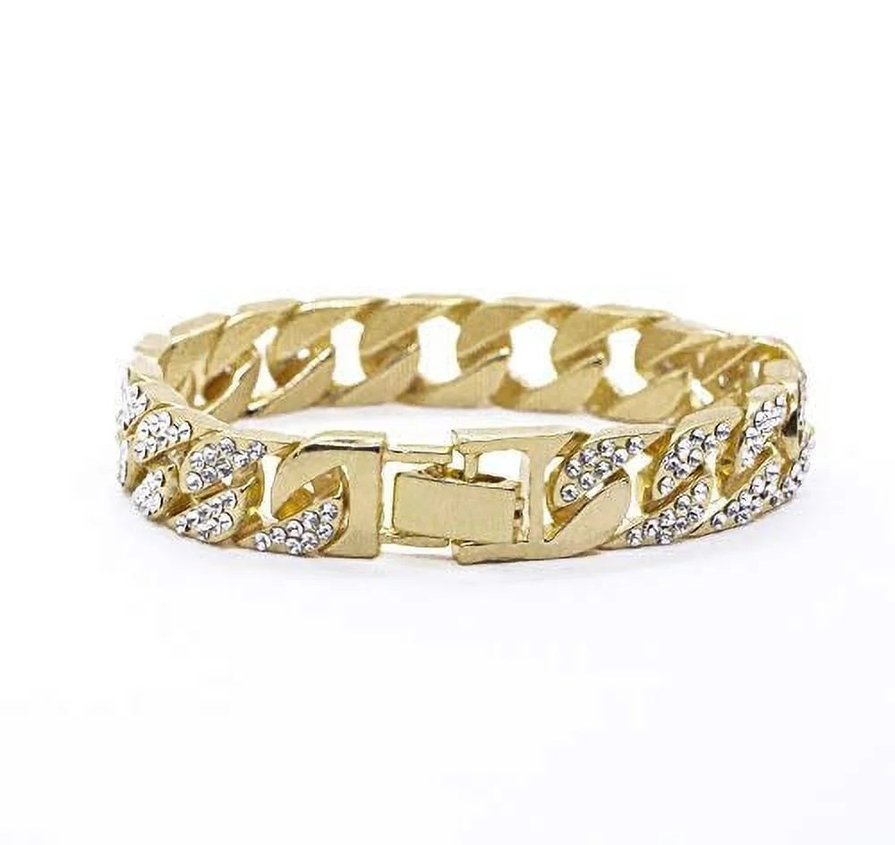 Blinged-Out Cuban Necklace with Matching Bracelet &amp; Fire Iced-Out Timepiece – Boujee 3-Piece Set 2023 (Gold/Gold, CNBW ST10226)