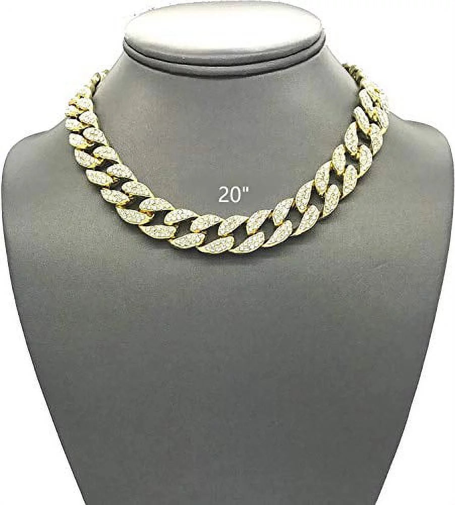 Blinged-Out Cuban Necklace with Matching Bracelet &amp; Fire Iced-Out Timepiece – Boujee 3-Piece Set 2023 (Gold/Gold, CNBW ST10226)