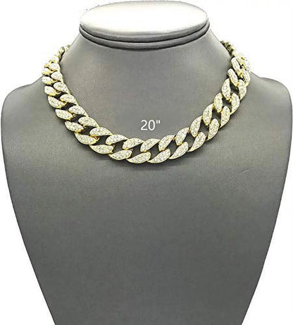 Blinged-Out Cuban Necklace with Matching Bracelet &amp; Fire Iced-Out Timepiece – Boujee 3-Piece Set 2023 (Gold/Gold, CNBW ST10226)