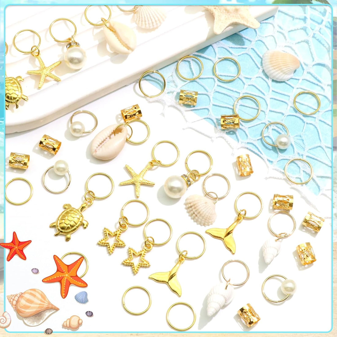 40PCS Shell Hair Jewelry Set – Gold Braids Clips, Starfish, Pearl &amp; Seashell Hair Accessories for Women