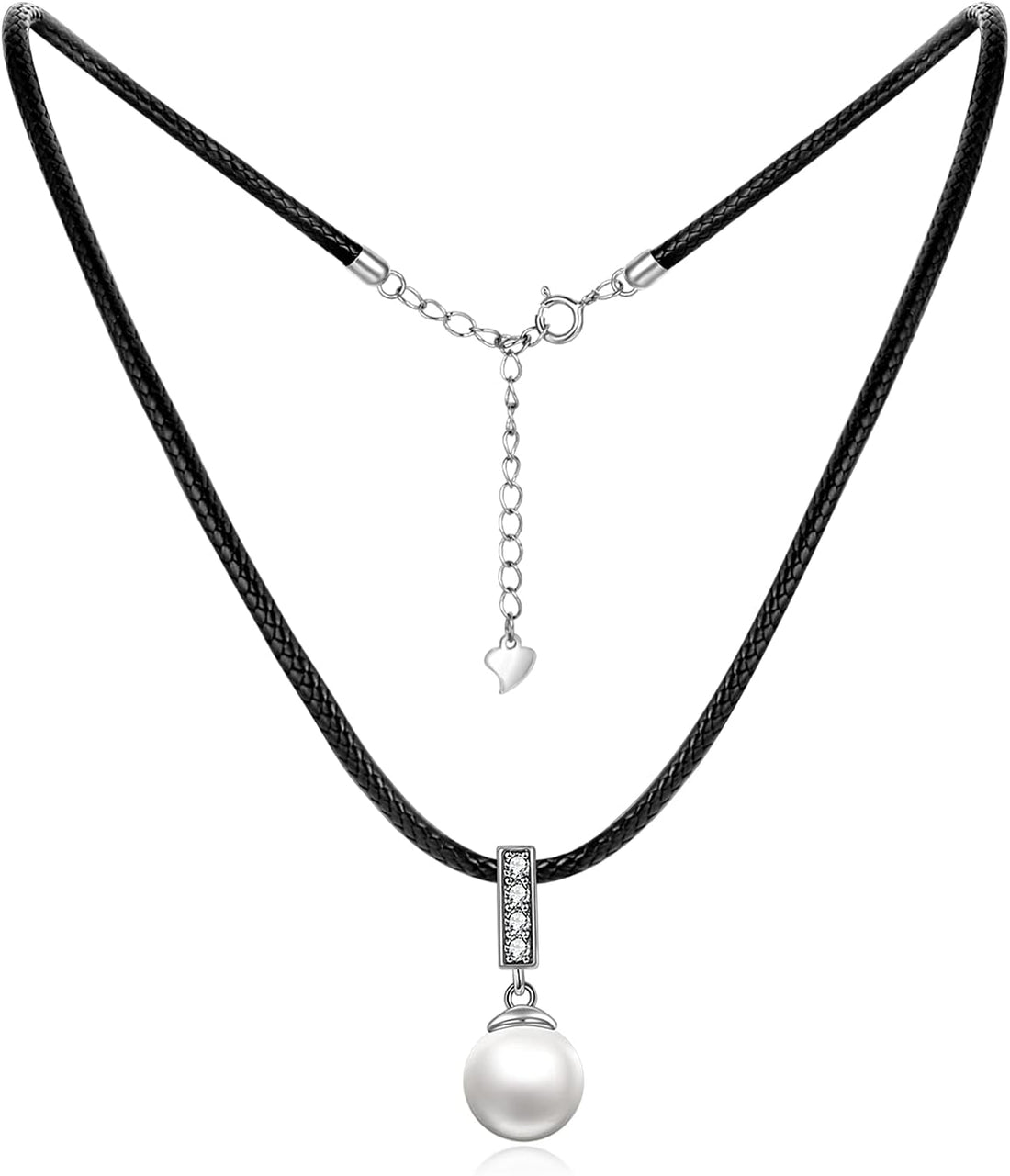 Sterling Silver Pearl Choker Necklace with Faux Leather Cord – Jewelry Gift for Women, 14+2&quot;